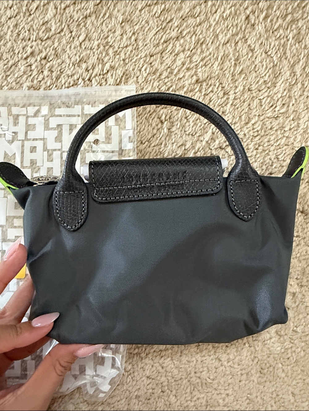 Longchamp Mini Le Pliage Handbag in Granite with Neon Trim - Picture 2 of 2